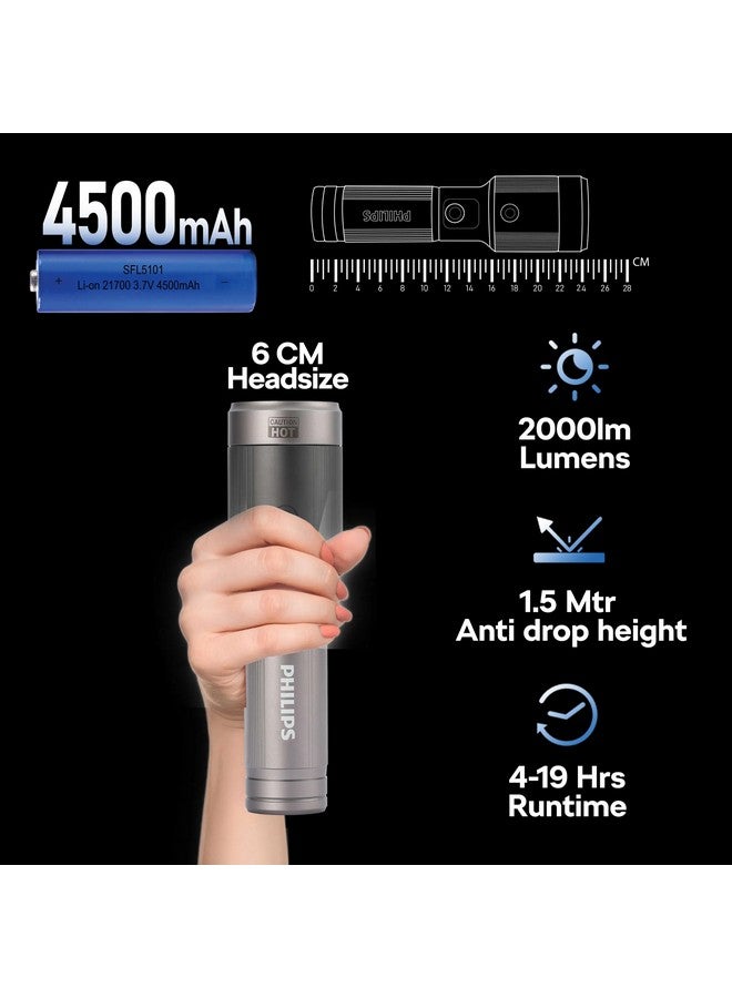 Philips 2000 Lumens Aircraft Aluminium Alloy Zoom LED Rechargeable Flashlight Grey and Black 21.3 x 4.4 x 6.05 cm SFL5101/56 - Image 3