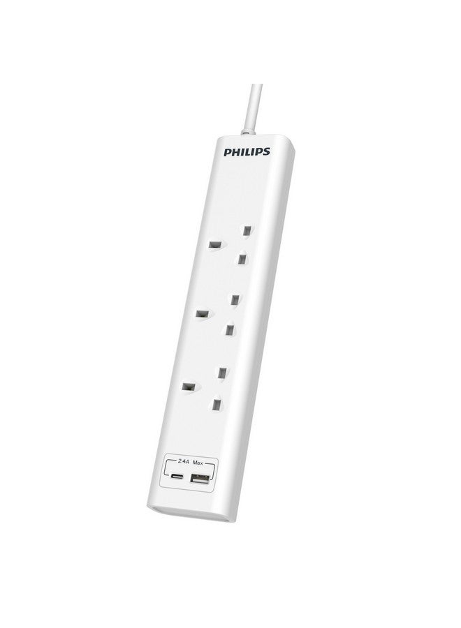Philips - 13A 3-Socket 2-USB UK Plug Power Extension Cord, White 3 m CHP4131WB/89 - Image 1