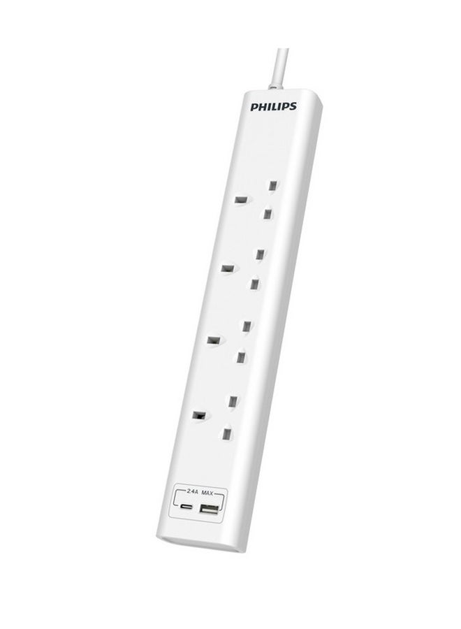 Philips 13A 4-Socket 2-USB UK Plug Power Extension Cord White 3 m CHP4141WB/89 white