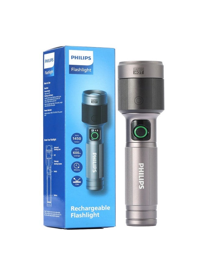 Philips 1450 Lumens Aircraft Aluminium Alloy Long Range Zoom LED Rechargeable Flashlight Grey and Black 16.2 x 2.9 x 4.2 cm SFL2101/56 Grey and Black - Image 2