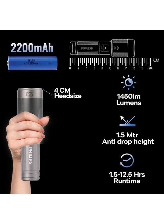 Philips 1450 Lumens Aircraft Aluminium Alloy Long Range Zoom LED Rechargeable Flashlight Grey and Black 16.2 x 2.9 x 4.2 cm SFL2101/56 Grey and Black - Image 3