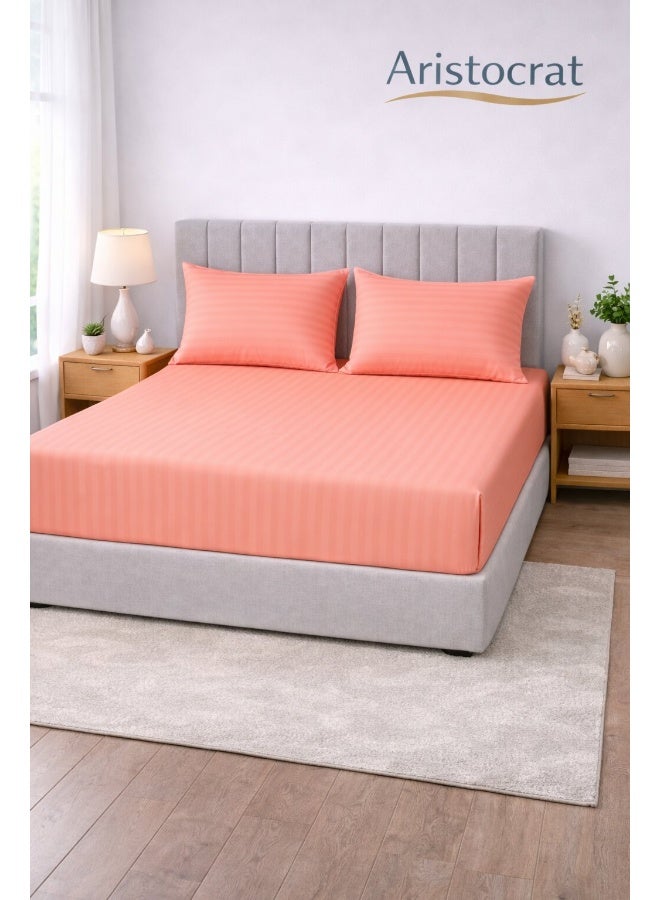 ARISTOCRAT 3-Piece Striped Microfiber Fitted Sheet Set Large Single 120x200cm – Soft Elastic Deep Pocket 17cm Bedsheet with 2 Pillowcases 50x70cm, Peach Microfiber Peach 120X200+17cm - Image 1