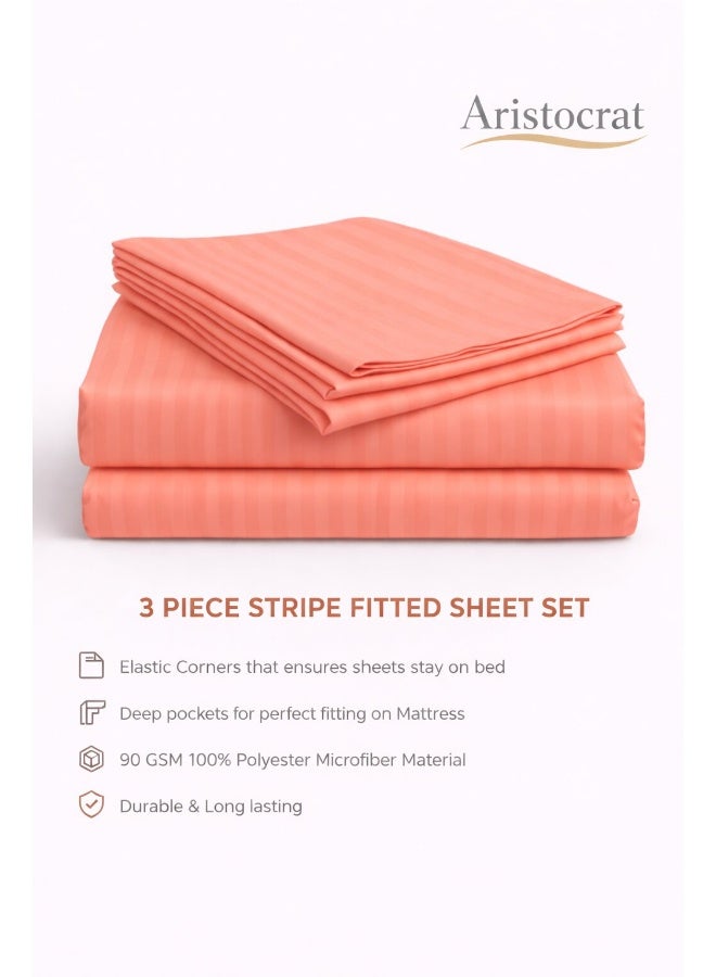 ARISTOCRAT 3-Piece Striped Microfiber Fitted Sheet Set Large Single 120x200cm – Soft Elastic Deep Pocket 17cm Bedsheet with 2 Pillowcases 50x70cm, Peach Microfiber Peach 120X200+17cm - Image 2