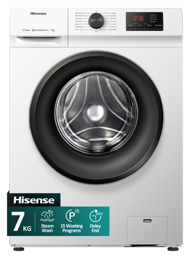 Hisense 7KG Front Loading Washing Machine WFVB7012M, 1200RPM, 15 Washing Programs, Steam Wash, Delay End, Drum Clean, Efficiency A, Quick Wash, Snow Flake Drum, Self-Diagnosticfault Finding WFVB7012M White - Image 1