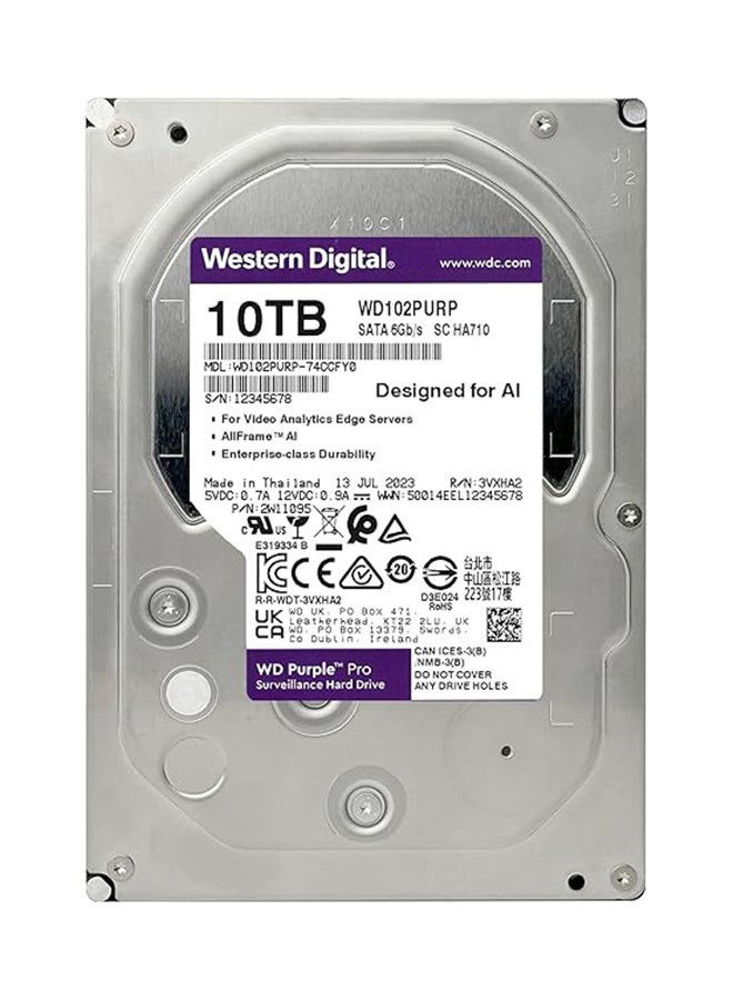 WD Purple Pro 10TB Surveillance Hard Drive, 3.5" SATA 6Gb/s, 7200 RPM, 512MB Cache, AI-Optimized, AllFrame AI, Up to 550TB/Year Workload, 24/7 Operation, Supports 64 HD Cameras + 32 AI Streams, WD Device Analytics | WD102PURP 10 TB  - Image 2