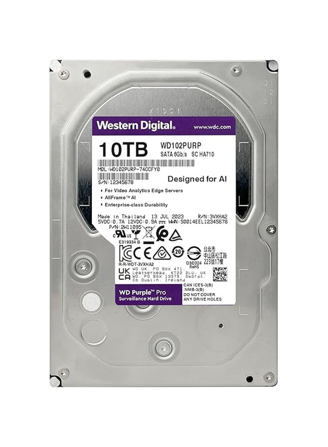 WD Purple Pro 10TB Surveillance Hard Drive, 3.5" SATA 6Gb/s, 7200 RPM, 512MB Cache, AI-Optimized, AllFrame AI, Up to 550TB/Year Workload, 24/7 Operation, Supports 64 HD Cameras + 32 AI Streams, WD Device Analytics | WD102PURP 10 TB  - Image 2
