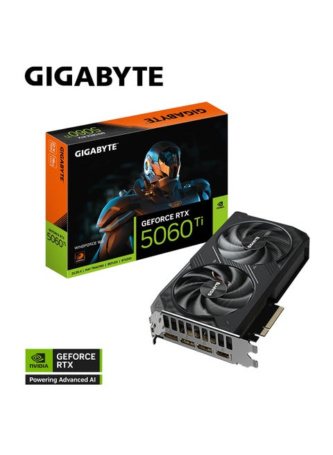 GeForce RTX 5060 Ti WINDFORCE 16GB GDDR7 Graphics Card, 2572 MHz Core Clock, PCIe 5.0, 8K Resolution, DisplayPort 2.1b x3, HDMI 2.1b x1, 650W PSU Recommended, ATX Form Factor | GV-N506TWF2-16GD