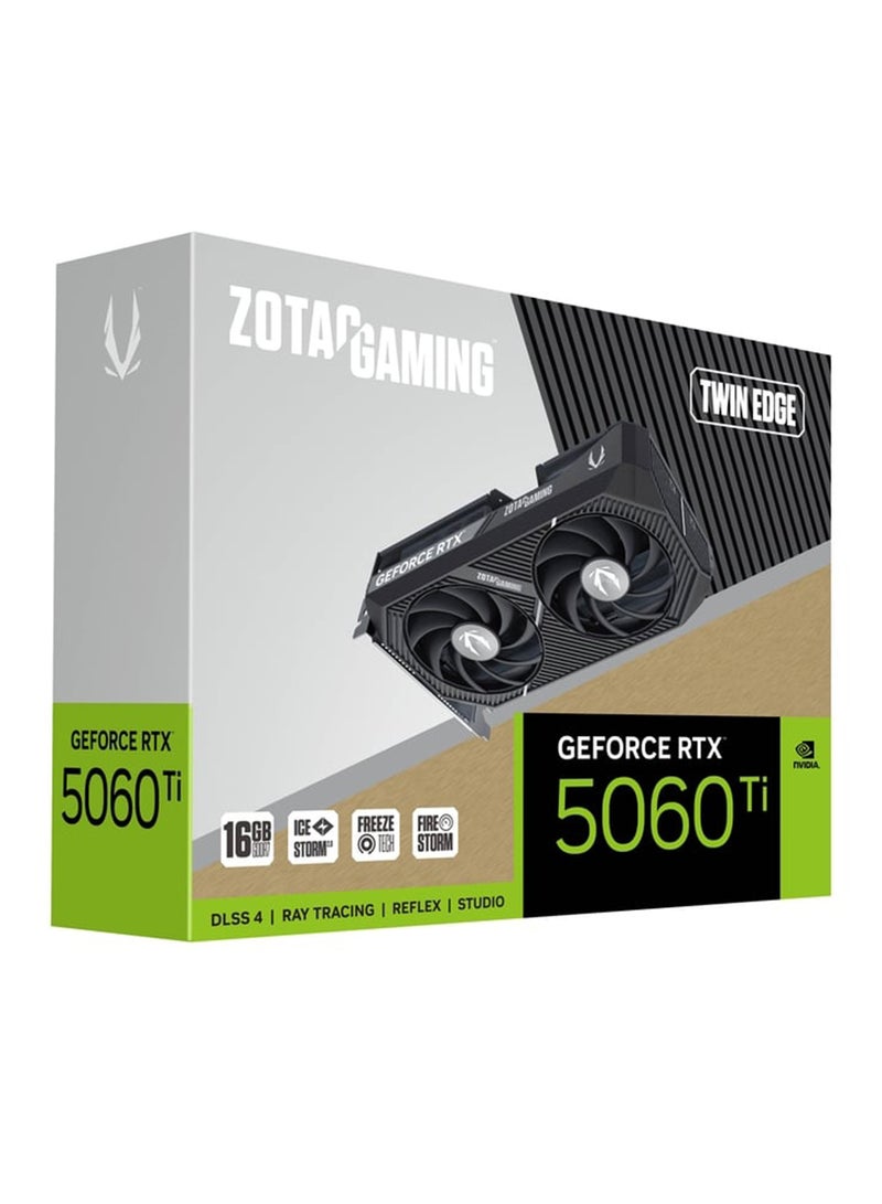 GeForce RTX 5060 Ti 16GB GDDR7 Twin Edge GPU, Blackwell Architecture, 4608 CUDA Cores, 2572 MHz Clock, PCIe 5.0 x8, 128-bit, 28 Gbps, IceStorm 2.0 Dual-Fan Cooling, BladeLink Fans, FREEZE Fan Stop, Metal Backplate, 1x HDMI 2.1b, 3x DisplayPort 2.1b, VRR, SFF Ready, 180W TGP, 8-Pin Power, DirectX 12 Ultimate | ZT-B50620E-10M