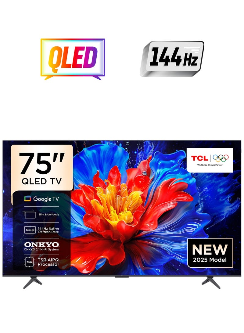 TCL 75 Inch QLED 4K Smart TV, HDMI 4 USB1, 144Hz, Google TV, TSR AiPQ Processor, Model Year 2025, 2 Year Warranty - 75P8K Black - Image 1