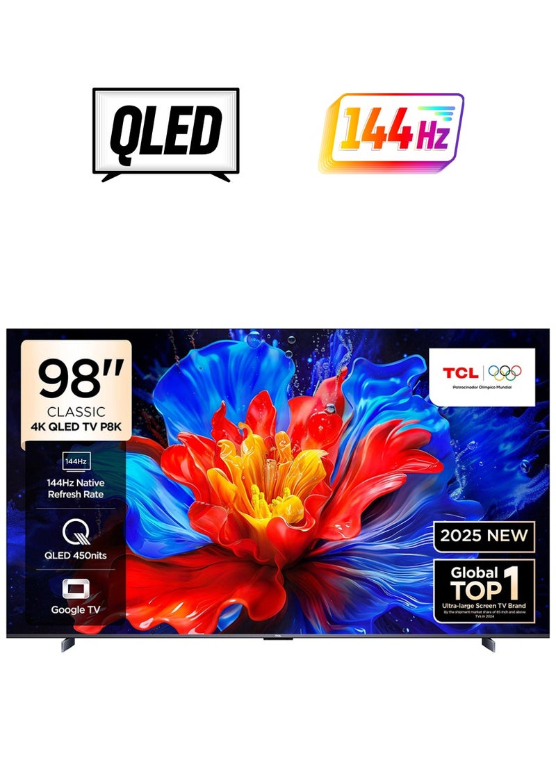 TCL 98-Inch Smart TV 4K QLED Colorful Quantum Crystal HDR 10+ Gaming Google TV, 144Hz Native Refresh Rate, ONKYO 2.1 Hi-Fi, Dolby Atmos, DTS Virtual X, MEMC, Game Master (2025 Model), 1 Year Warranty - 98P8K Black - Image 1