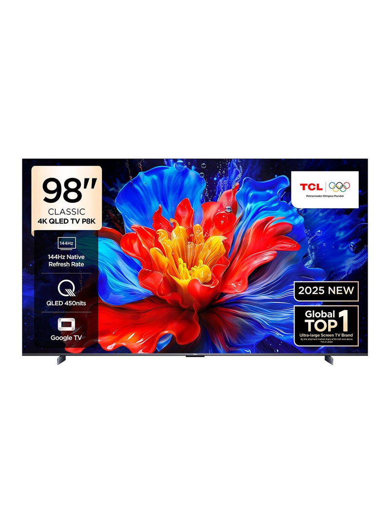 تي سي إل تلفزيون TCL 98P8K الذكي، 98 بوصة، 4K QLED، شاشة كريستالية ملونة، HDR 10+، ألعاب Google TV، معدل تحديث أصلي 144 هرتز، نظام ONKYO 2.1 Hi-Fi، Dolby Atmos، DTS Virtual X، MEMC، Game Master (موديل 2025) 98P8K - Image 1