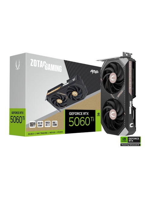 GeForce RTX 5060 Ti 16GB GDDR7 AMP Graphics Card - NVIDIA Blackwell Architecture, DLSS 4, 4608 CUDA Cores, 2632 MHz Boost Clock, 28 Gbps Memory, PCIe 5.0 x8, Dual-Fan IceStorm 2.0 Cooling, 1x 8-Pin Power Connector, 4K/8K HDMI & DisplayPort, Metal Backplate, Compact SFF-Ready Design with White LED Lighting, Freez Fan Stop, Quad Display Support | ZT-B50620F-10M