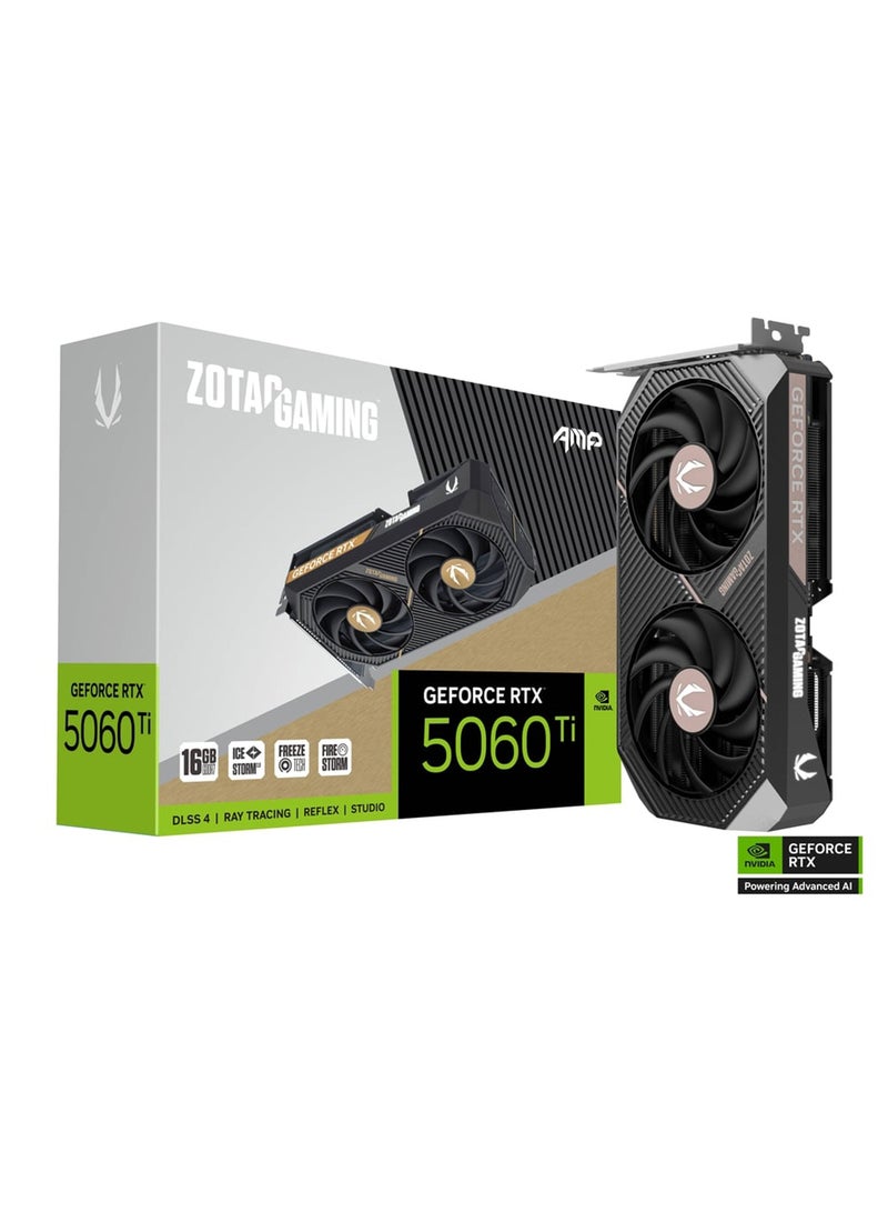 ZOTAC - GeForce RTX 5060 Ti 16GB GDDR7 AMP Graphics Card - NVIDIA Blackwell Architecture, DLSS 4, 4608 CUDA Cores, 2632 MHz Boost Clock, 28 Gbps Memory, PCIe 5.0 x8, Dual-Fan IceStorm 2.0 Cooling, 1x 8-Pin Power Connector, 4K/8K HDMI & DisplayPort, Metal Backplate, Compact SFF-Ready Design with White LED Lighting, Freez Fan Stop, Quad Display Support | ZT-B50620F-10M - Image 1