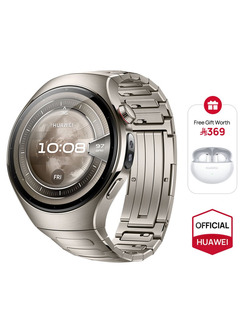 HUAWEI - WATCH 5 46mm Smartwatch, Multi-sensing X-TAP technology, Real-Time Fingertip Blood Oxygen, Health Glance, eSIM, Two Battery Modes, iOS And Android + Free FreeBuds 6i - Silver - Image 1
