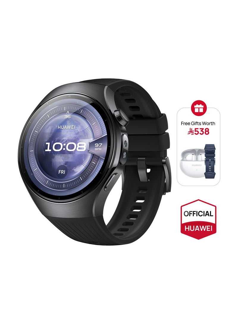 HUAWEI - WATCH 5 46mm Smartwatch, Multi-sensing X-TAP technology, Real-Time Fingertip Blood Oxygen, Health Glance, eSIM, Two Battery Modes, iOS And Android + Free FreeBuds 6i + Strap - Black - Image 1