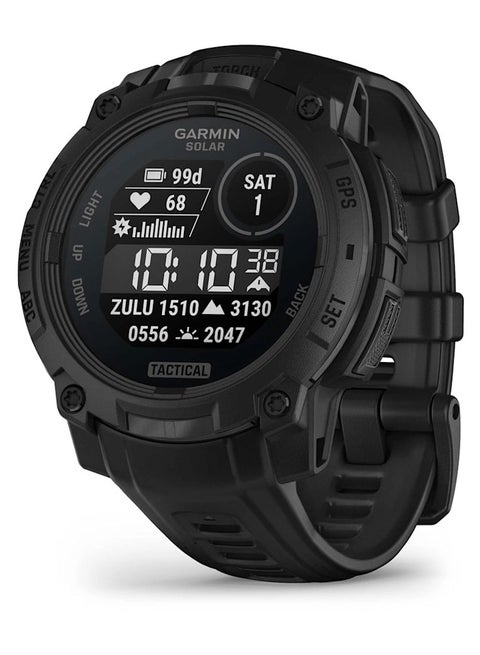 Instinct 3 - 45MM - Black with Black Band - Up to 28 days of Battery Life - 1.1" Sunlight-visible, transflective memory-in-pixel , Power Glass, Heart Rate Monitor, All day stress monitor, Solar charging, Super bright LED flashlight, iOS and Android compatible black