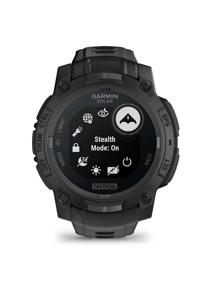 Instinct 3 - 45MM - Black with Black Band - Up to 28 days of Battery Life - 1.1" Sunlight-visible, transflective memory-in-pixel , Power Glass, Heart Rate Monitor, All day stress monitor, Solar charging, Super bright LED flashlight, iOS and Android compatible black
