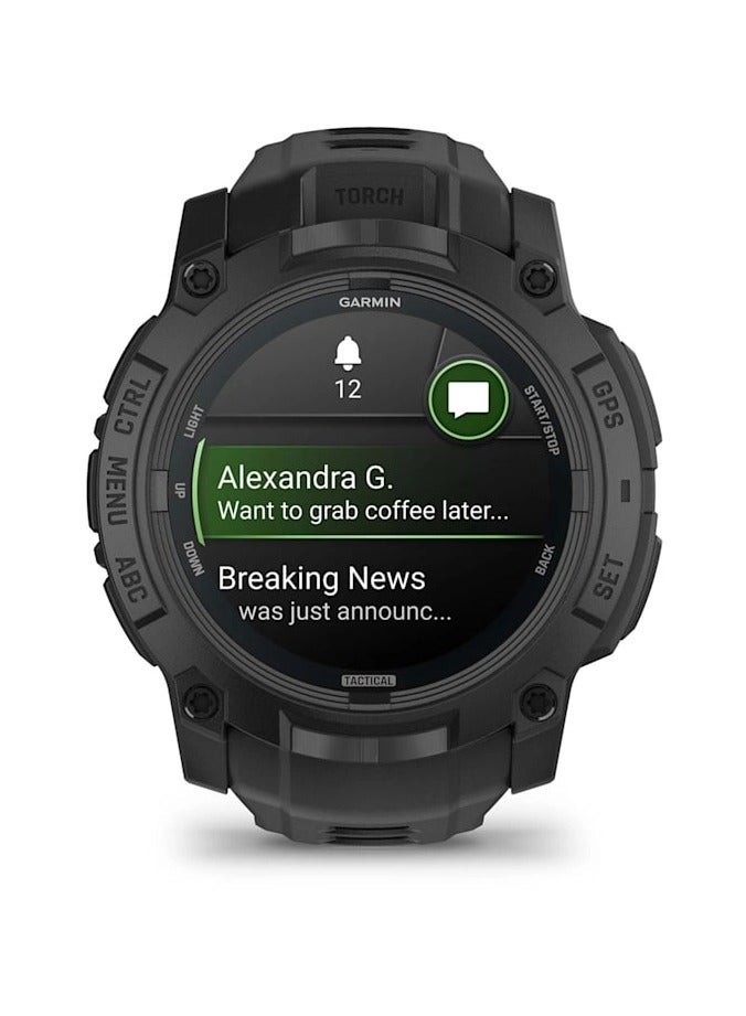 جارمين Instinct 3 - 50MM - Black with Black Band - Up to 24 Days of  Battery life - 1.3-Inch Amoled Display, Chemically strengthened glass, Heart Rate Monitor, All day stress monitor, Smart notification, Tap to Pay, iOS and Android Compatible - Black - Image 2