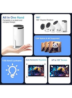 Wownect HY300 PRO Mini Portable Projector [Android 13] 150 ANSI Support 4K 1080P Dual-Band WIFI6 5G 5.2 B.T [Auto Keystone] 180° Rotation Projector 87PRO white  - Image 3