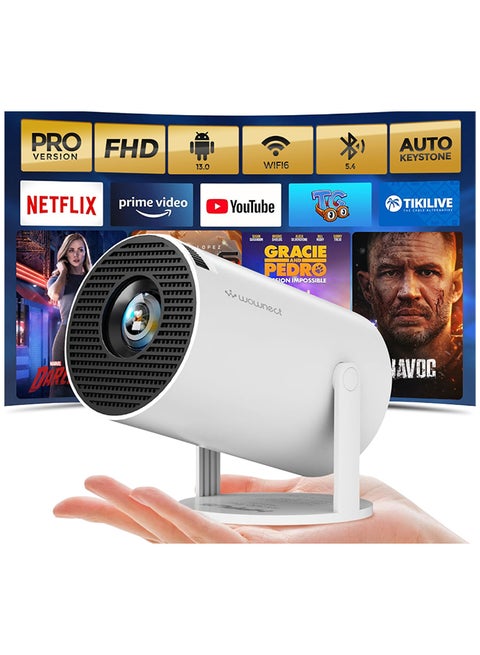 HY300 PRO Mini Portable Projector [Android 13] 150 ANSI Support 4K 1080P Dual-Band WIFI6 5G 5.2 B.T [Auto Keystone] 180° Rotation Projector 87PRO white