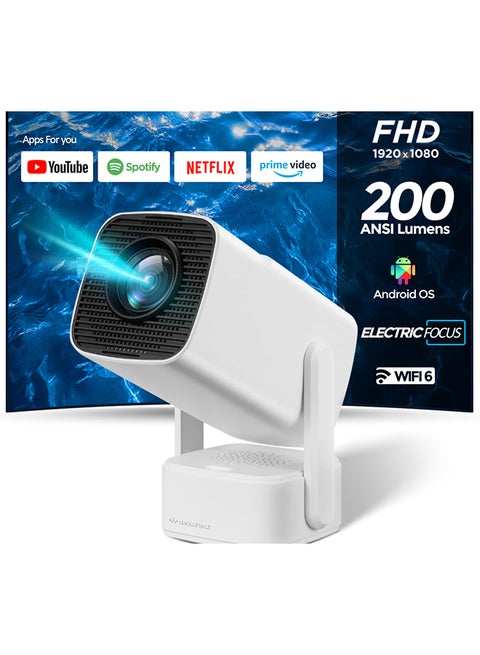 Mini Projector [Android 11.0] 200 ANSI Lumens with 5G WiFi and Bluetooth 5.2, Full HD 1080P Supported 4k Video Projector, 180° Angle Projector 104AN white