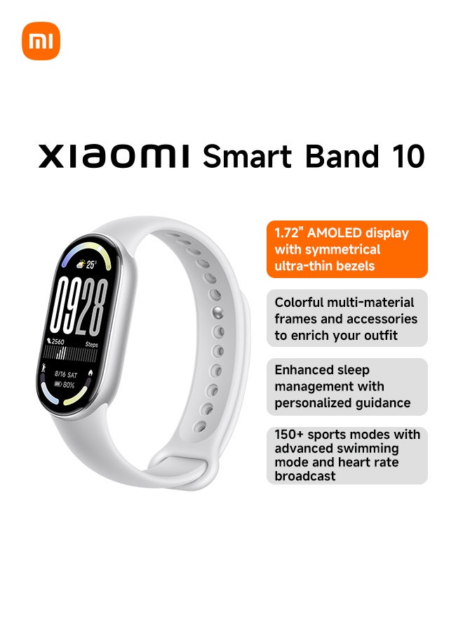 Xiaomi Smart Band 10 | 1.72'' AMOLED Display | Touchscreen, Multisport Tracker, Activity Tracker, Heart Rate Monitor | Upto 21 Days Battery Life Glacier Silver - Image 1