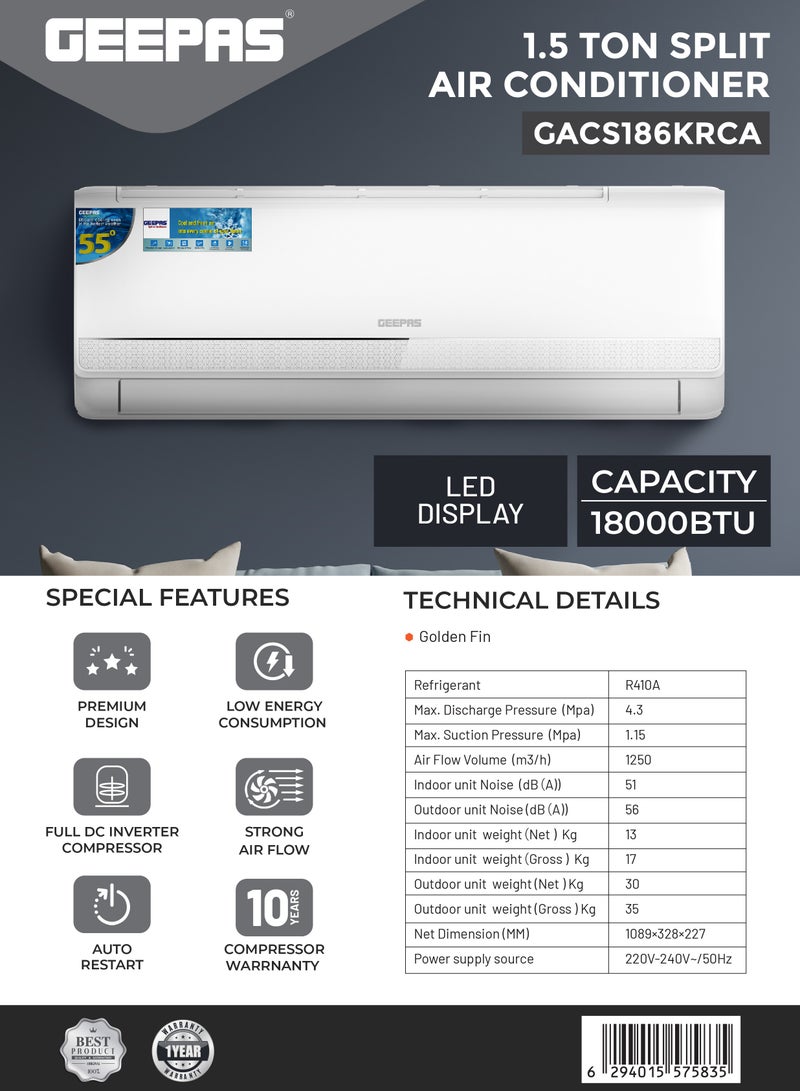 جيباس 1.5 Ton Split Air Conditioner with LED Display and Remote Control | 18000 BTU  Strong Airflow, Auto Restart Function, Golden Fin Technology | Ideal for Bedrooms, Living Rooms, Study Spaces, Offices, etc | 10 Years Compressor Warranty GACS186RCA White  - Image 1