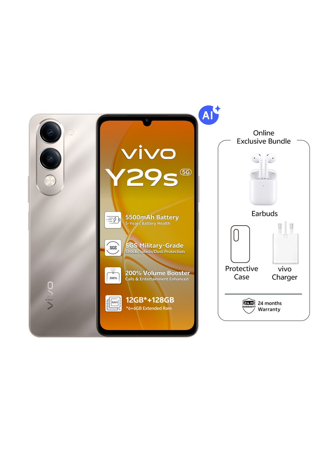 Y29s AI 5G Titanium Gold 6GB RAM 128GB With Exclusive TWS (Charger and Case Inside Phone Box) - Middle East Version image 2