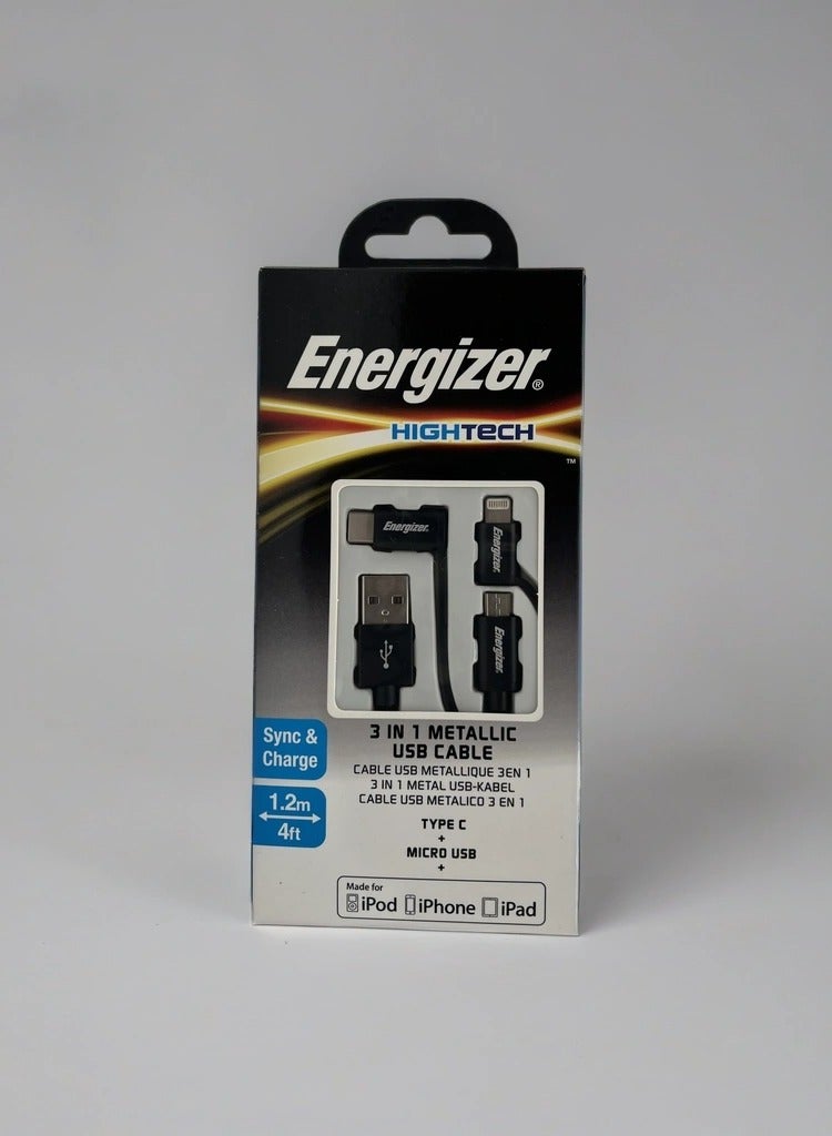 إنرجايزر Energizer 3 In 1 Metallic USB Cable Black  - Image 1