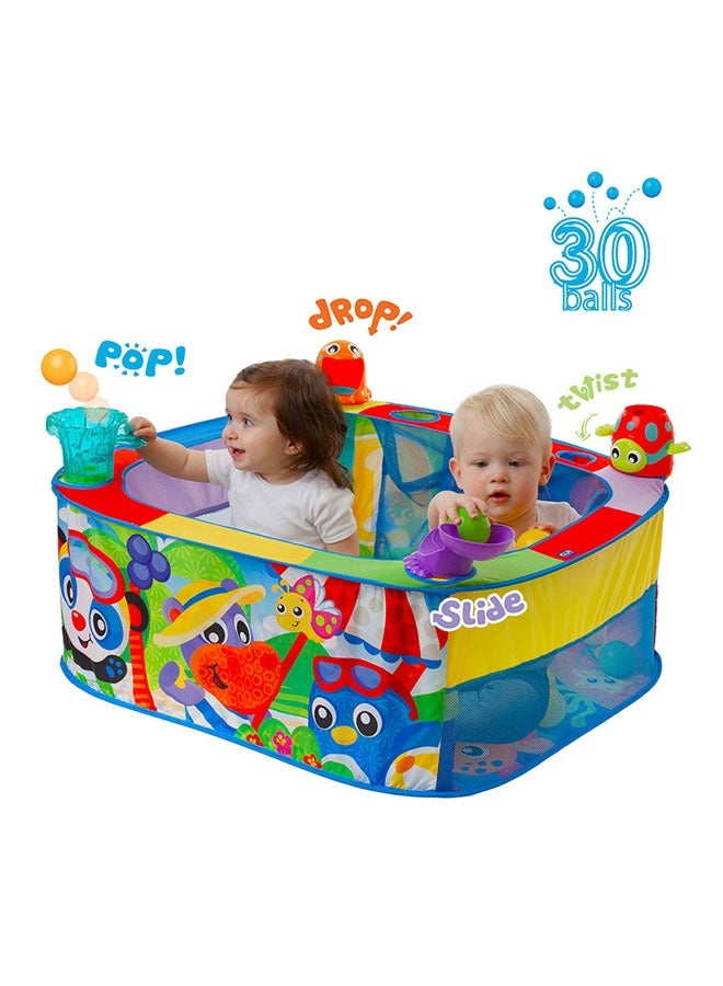Playgro Pop And Drop Ball Pit Activity Gym - Sensory Development Toy - 30 Balls for Babies 6+ Months, Multicoloured Play Area with Animal Motifs, Beach Theme, Enhances Motor Skills, Portable, Foldable - Image 1