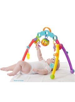 Junyji Fold and Go Activity Play Gym for Adventurous Babies, Portable Baby Gym with 5 Detachable Toys, Sensory Development, Teething Rings, A Vibrant Spinning Toy, A Roly-poly Ball, Multicolor