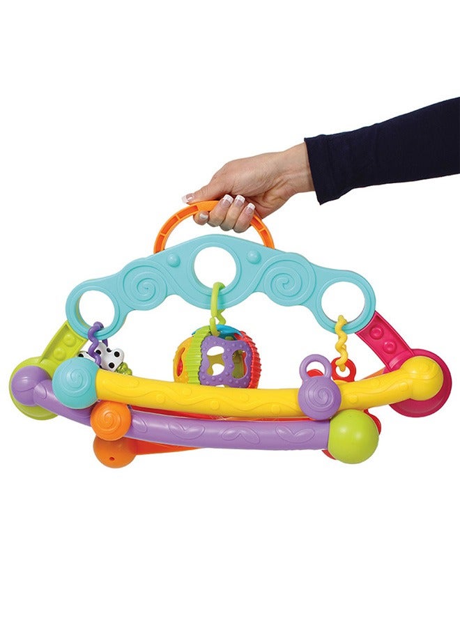 playgro - Junyji Fold and Go Activity Play Gym for Adventurous Babies, Portable Baby Gym with 5 Detachable Toys, Sensory Development, Teething Rings, A Vibrant Spinning Toy, A Roly-poly Ball, Multicolor - Image 1