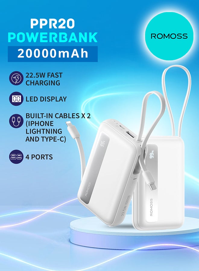 ROMOSS - 20000 mAh PPR20 Large Capacity Magentic Power Bank, Portable Charger, Fast Charging Battery Pack Large Capacity, PD22.5W Wired Fast Charging, Screen Display, 4 Outputs, Suitable For iPhone 12-16, Etc White - Image 1