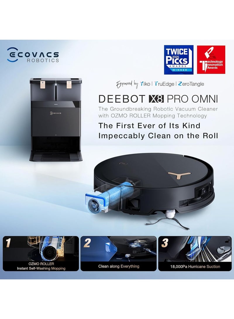ecovacs Deebot X8 Pro Omni Robot Vacuum and Mop, OZMO Roller Instant Self-Washing Mopping,18000Pa Suction Hot Water Mop Washing, Auto Cleaning Solution Adding, Hot Air-Drying, Self-Emptying 4 L 80 W DEX56 Black  - Image 5
