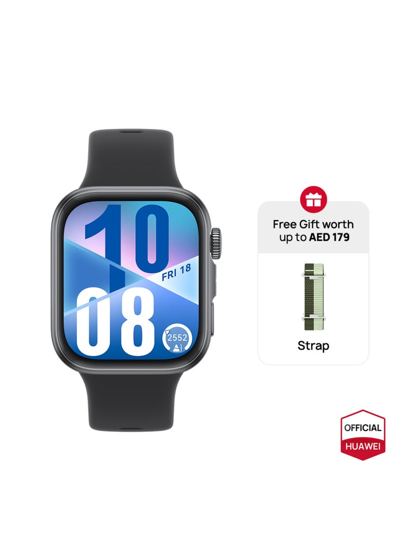 هواوي - Watch FIT4 Smart Watch, 1.82” Display, 100+ Sports modes, Fitness and Sleep Tracker, Heart Rate Monitor, Emotional Wellbeing Assistant, up to 10-Day Battery Life, iOS & Android + Free Strap Black - Image 1