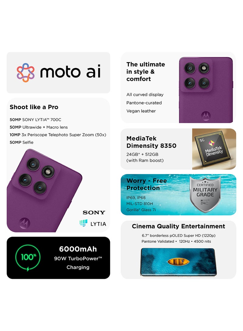 موتورولا Edge 60 Pro 5G Dual SIM PANTONE Sparkling Grape 12GB+12GB RAM  512GB with free Moto Buds+, 68W Turbo Charger, and 6 months screen protection - Middle East Version  - Image 5