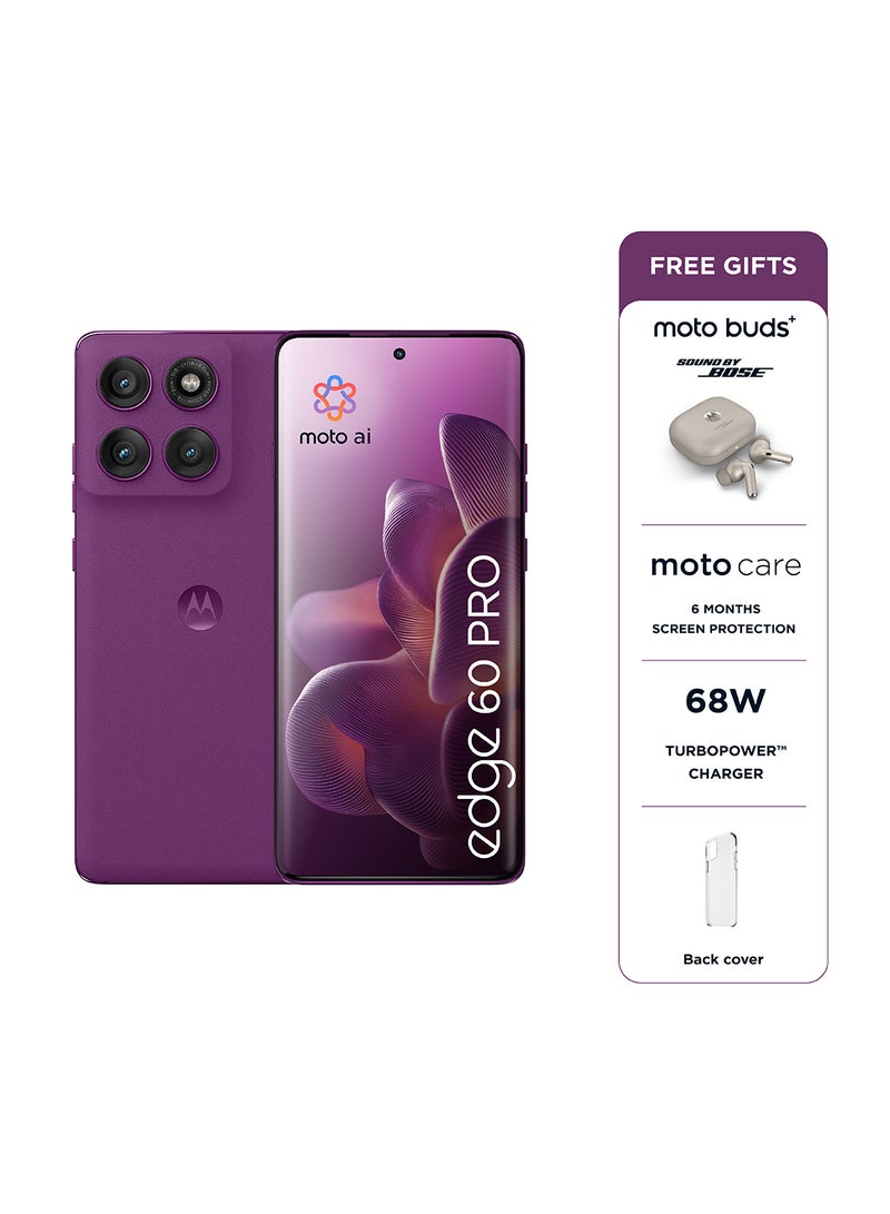 موتورولا Edge 60 Pro 5G Dual SIM PANTONE Sparkling Grape 12GB+12GB RAM  512GB with free Moto Buds+, 68W Turbo Charger, and 6 months screen protection - Middle East Version  - Image 1