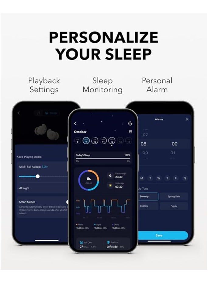 Sleep A20 by Anker Sleep Earbuds, Noise Blocking Sleep Headphones, Small Design for Side Sleepers, 80H Playtime, Stream Content via Bluetooth 5.3, Sleep Monitor, Personal Alarm White