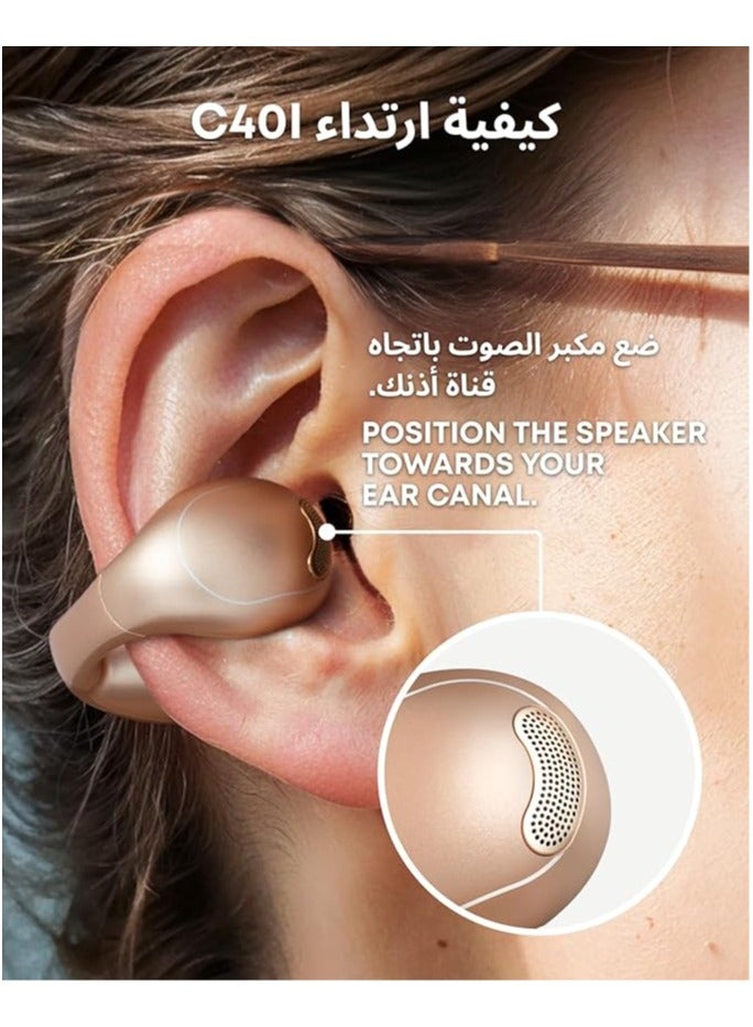 C40i by Anker, Open-Ear Earbuds, Clip-On Headphones, Flexible Joint Design, Button Controls, Lightweight Comfort, Stable Fit with Attachable Ear Grips, Expansive Drivers for Clear Sound Golden