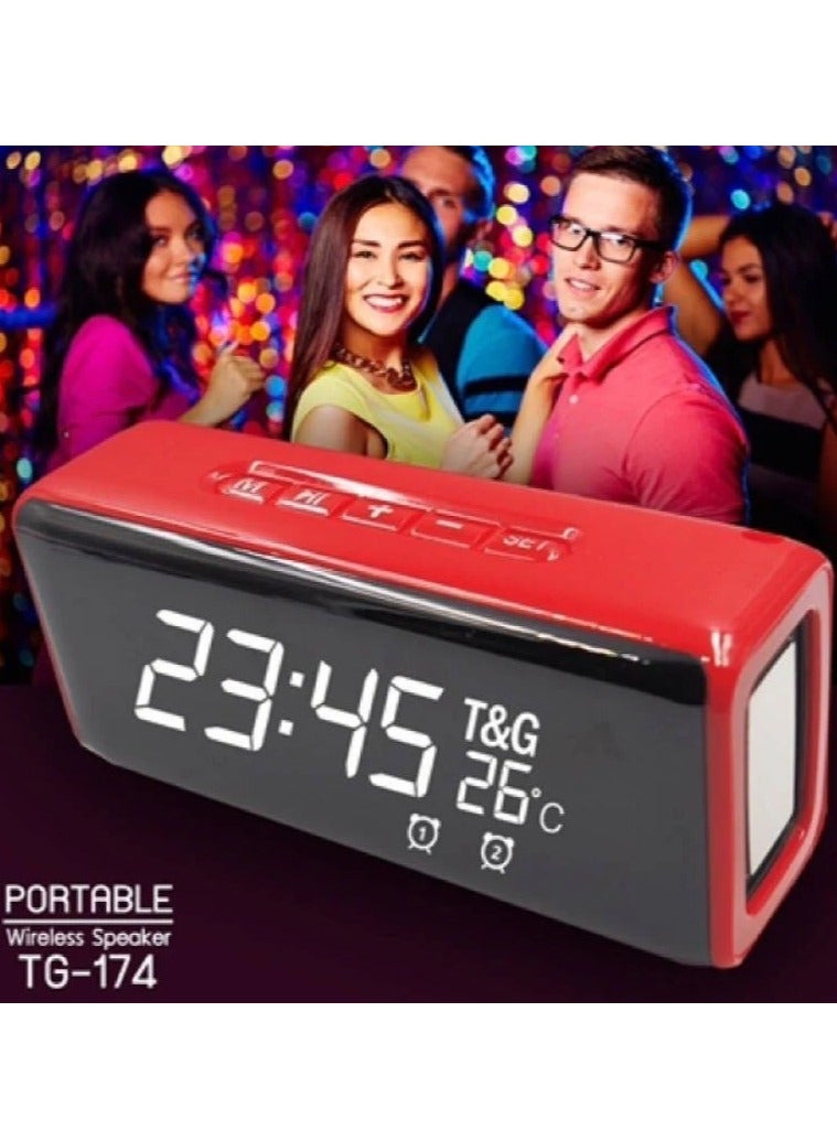 T&G - TG174 TWS Mirror Bluetooth Speaker, Support Alarm Clock, Time & Temperature Display, Micro SD Card, FM, MP3 - Red - Image 1