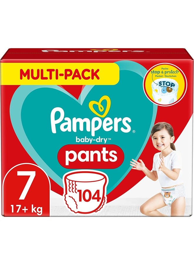 بامبرز حفاضات بنطلون مقاس 7 (17 كجم+) بيبي-دراي، كبير جداً، 104 حفاضات مع جيوب توقف وحماية، صندوق شهري - Image 1