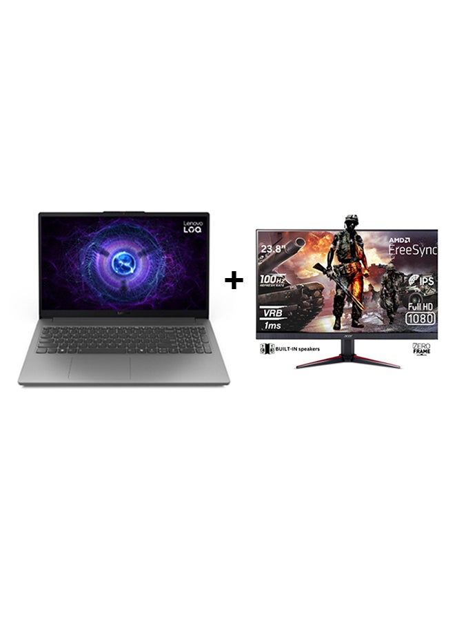 Lenovo LOQ Gaming Laptop With 15.6-inch Full HD (1920x1080) IPS  Display, Core i5-12450HX Processor/16GB DDR5 RAM/512 GB SSD/4GB Nvidia GeForce RTX 2050 Graphics/DOS(Without Windows)/ + Free Acer Nitro 23.8 Inch Gaming Monitor with 100Hz 1ms English/Arabic Black  - Image 1