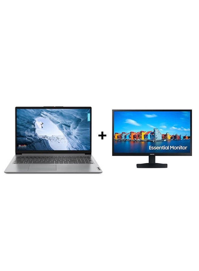 Lenovo IdeaPad 1 Laptop With 15.6 Inch HD (1366x768) Display,Intel Celeron N4500 Processor/4GB RAM DDR4/256GB SSD/DOS(Without Windows)/Intel UHD Graphics/With Laptop Casual Toploader +Free Samsung  24 Inch Flat Monitor With 60Hz 5ms English/Arabic Cloud Grey  - Image 1