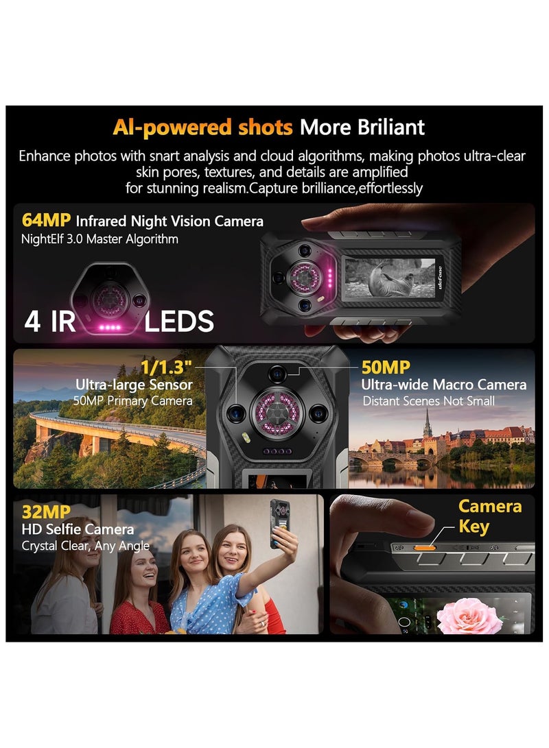 أوليفون Armor 30 Pro 5G Dual Screen Rugged Phone, 32GB+512GB, 6.95" FHD 120Hz + 3.4" Screen, 12800mAh 66W, 50MP+50MP+64MP+32MP, Infinite Halo, 118dB Speaker Android 14 Rugged Smartphone, WiFi 6E/NFC - Image 4