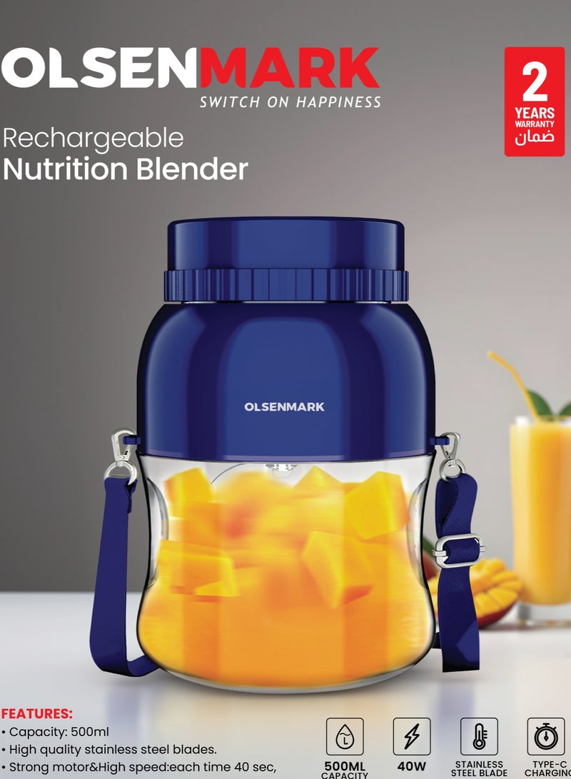 Olsenmark Rechargeable Nutrition Blender For making Proteins Drinks, Smoothies, Shakes, Fresh Juices, with Stainless Steel Blades Safety Lock Design, Leak-Proof and Portable Design Suitable for Travel, Office, Gym, Outdoor 500 ml 40 W OMSB7046 Blue 