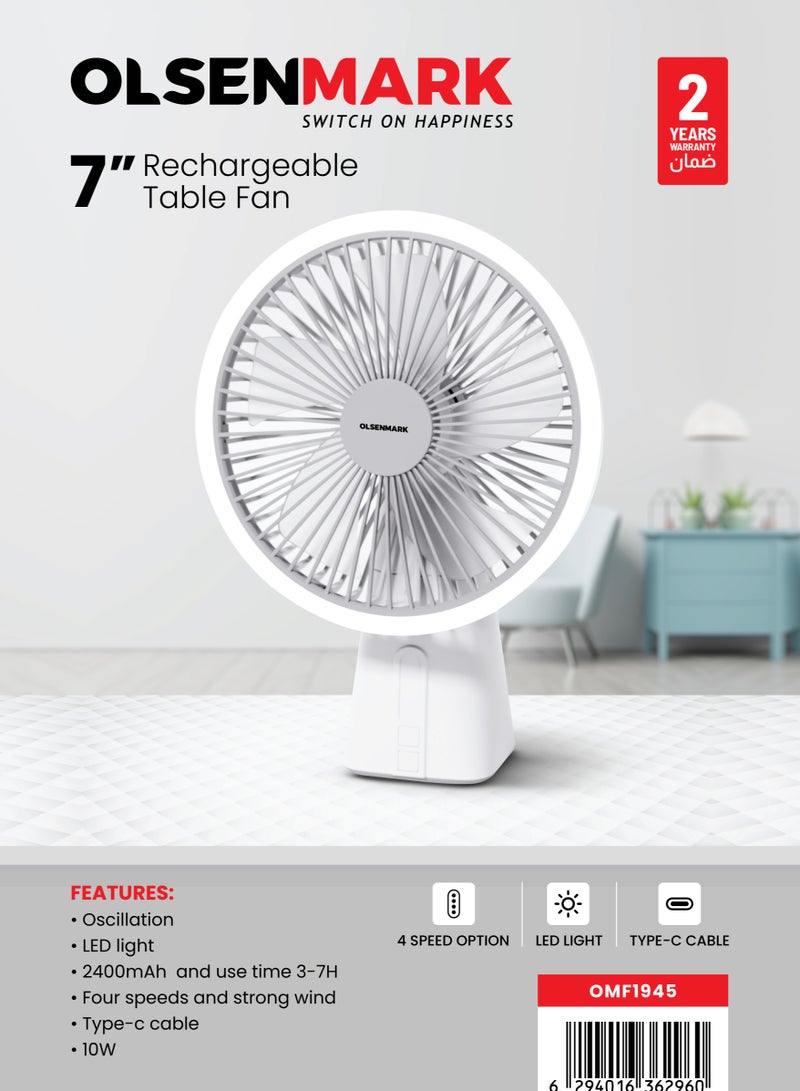 Olsenmark - 7" Rechargeable Table Fan 4Spd, Led OMF1945 White - Image 1