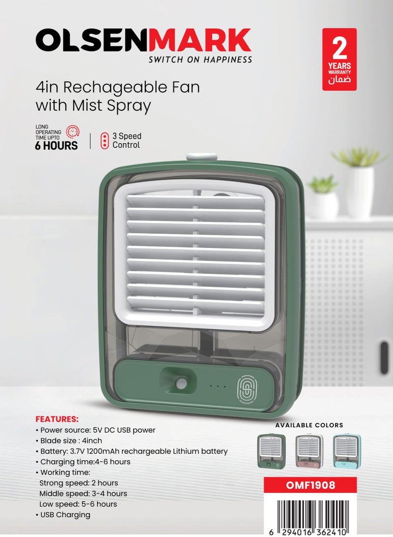 Olsenmark - 4" Rechargeable Fan with Mist Spray With Long 6 Working Hours and 3 Speed Control Powerful and Efficient Cooling, High Performance USB Charging, Perfect for Home, Office, Study Room, Travel, etc. 2 Years Warranty, Green OMF1908 Green - Image 1