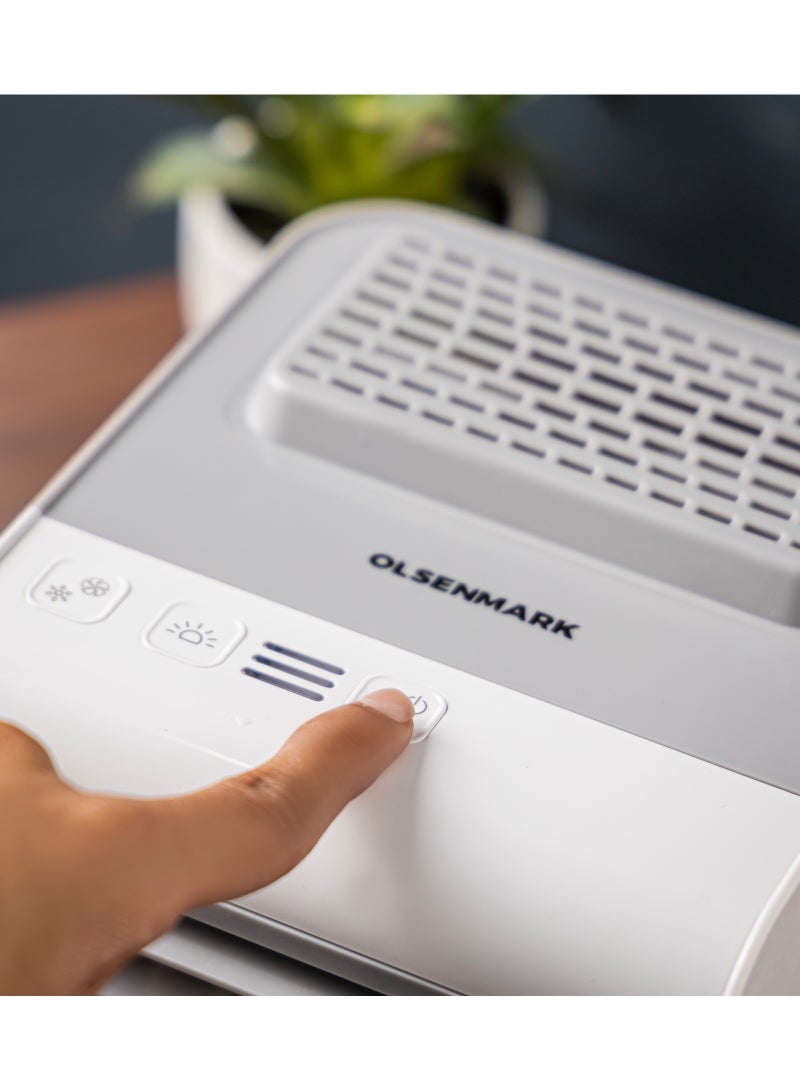 Mini Air Cooler Humidifier, 7-Color LED Light, Sponge Filter/ USB Charging, 3-in-1 Function, Humidifies, Purifies, Cools, Adjustable Directional Vent OMF1877 White