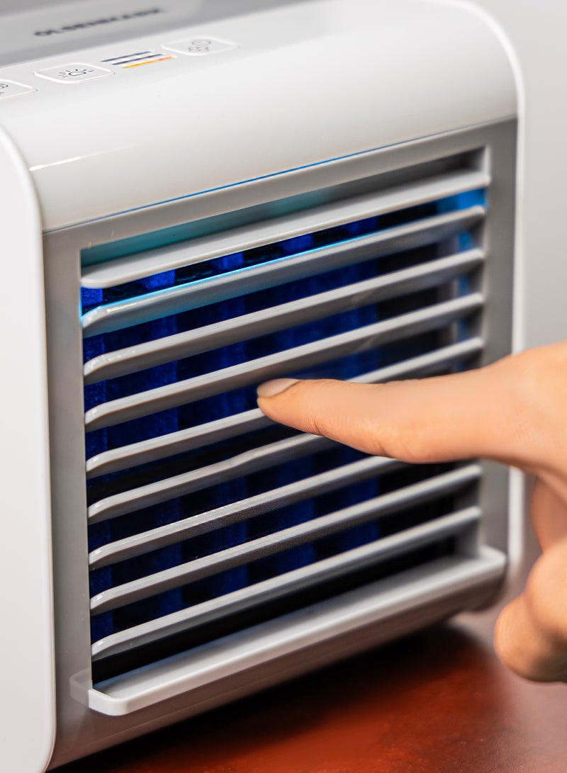 Mini Air Cooler Humidifier, 7-Color LED Light, Sponge Filter/ USB Charging, 3-in-1 Function, Humidifies, Purifies, Cools, Adjustable Directional Vent OMF1877 White