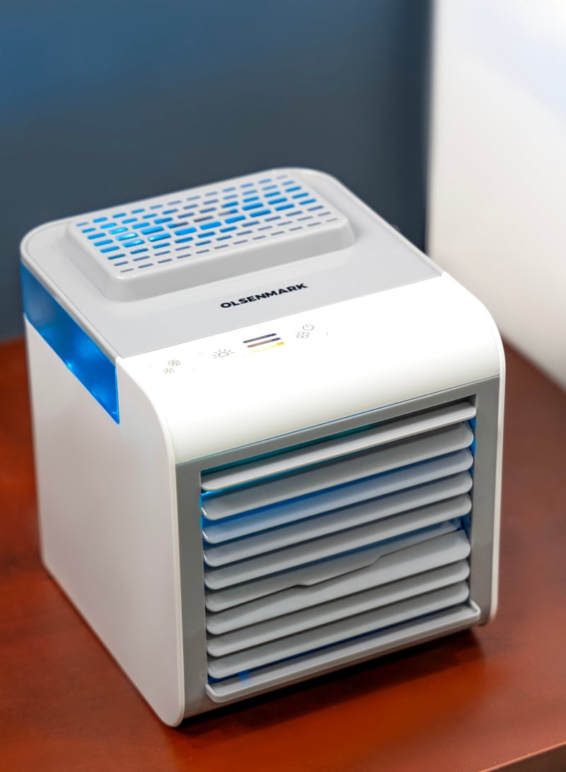 Mini Air Cooler Humidifier, 7-Color LED Light, Sponge Filter/ USB Charging, 3-in-1 Function, Humidifies, Purifies, Cools, Adjustable Directional Vent OMF1877 White
